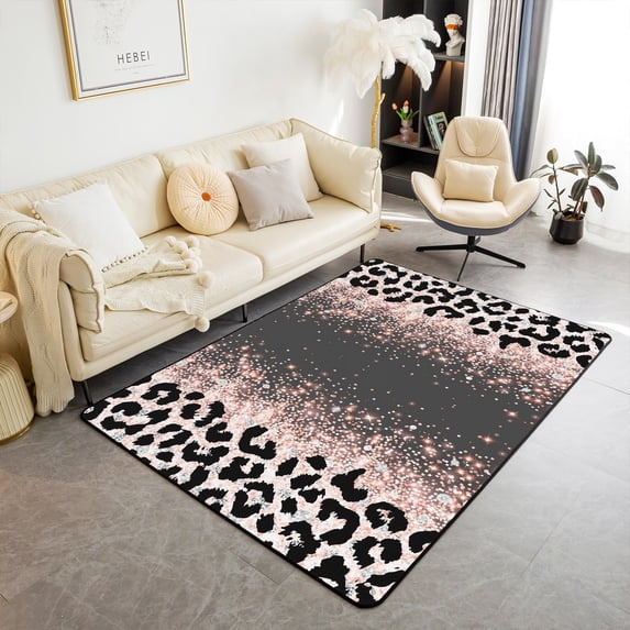 Erosebridal Pink and Black Leopard Print Area Rug 3x5 for Bedroom,Girly Ombre Cheetah Rug,Romantic Pink Sequins Glitter Carpet Non Slip,Gradient Africa Safari Wild Animals Decorative Accent Rug