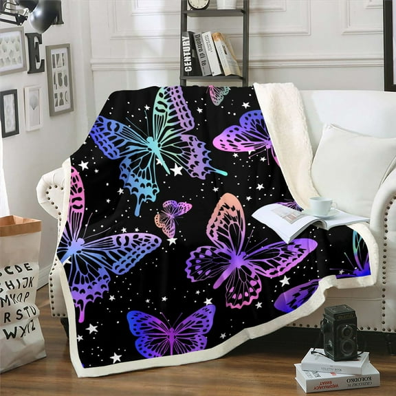 Pink Blue Butterfly Throw Blanket for Couch Chic Cute Animal Sherpa Blanket, Sparkling Stars Fleece Blanket Girly Pastel Gradient Blanket, Teal Navy Neon Butterfly Bed Blanket