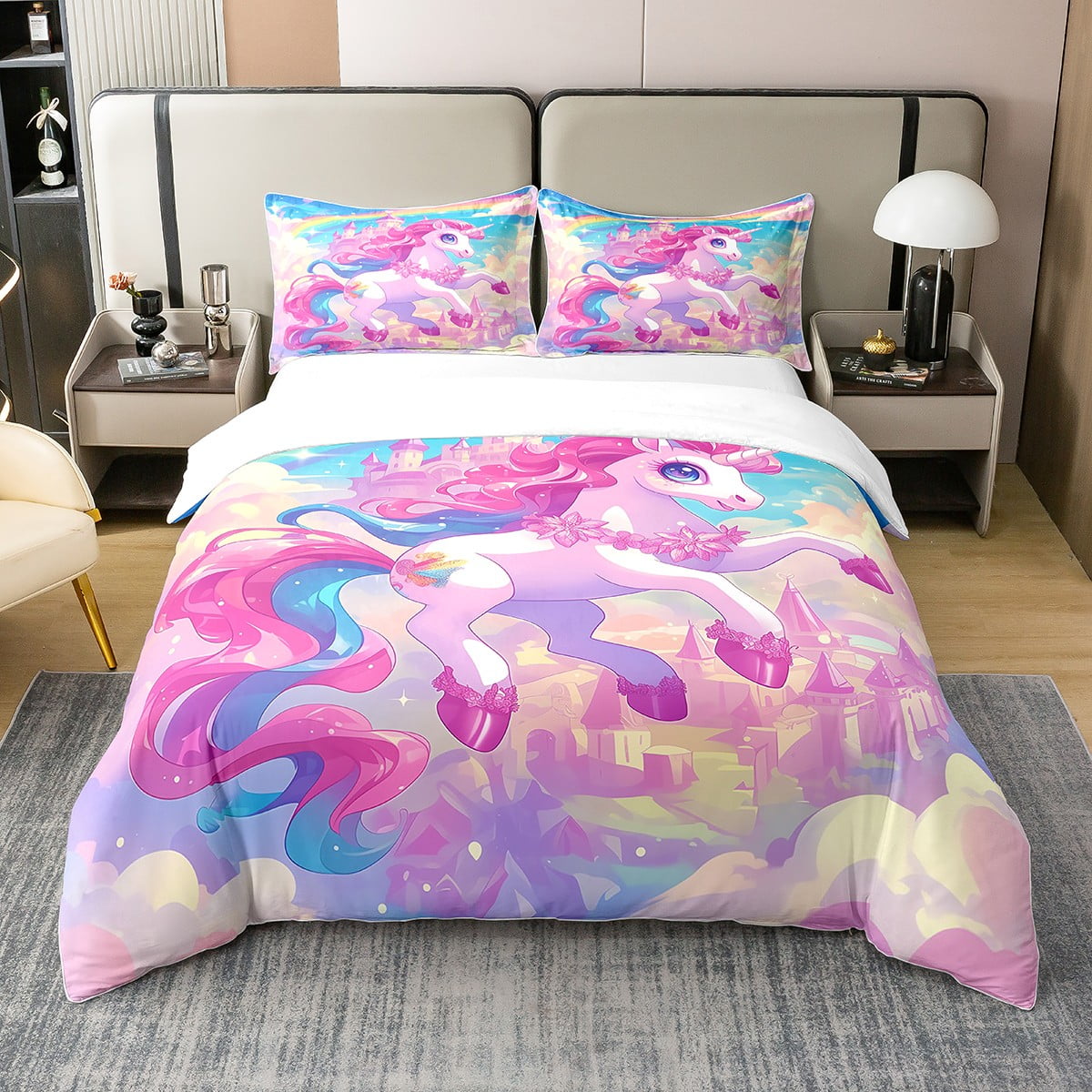 YST Cartoon Unicorn 100 Cotton Duvet Cover Full Rainbow Glitter Stars Comforter Cover for Kids Teens Adult Magical Animal Bedding Set Horse Carousel Bedspread Cover 3pcs Walmart Business Supplies