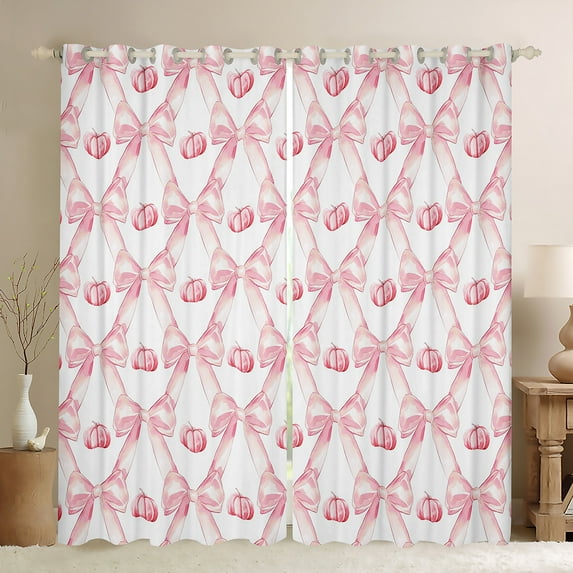 Pink Bow Window Curtains 42"Wx90"L,Cute Fall Pumpkin 30%-50% Blackout Curtains Pink White Princess Curtains & Drapes Teen Women Bedroom,Kawaii Bow Decor Window Treatments 2 Panels