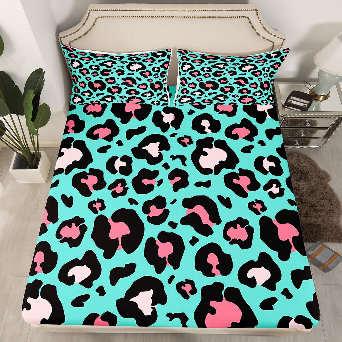 YST Pink Cheetah Print Bed Sheets Teal Animal Print Fitted Sheet Queen