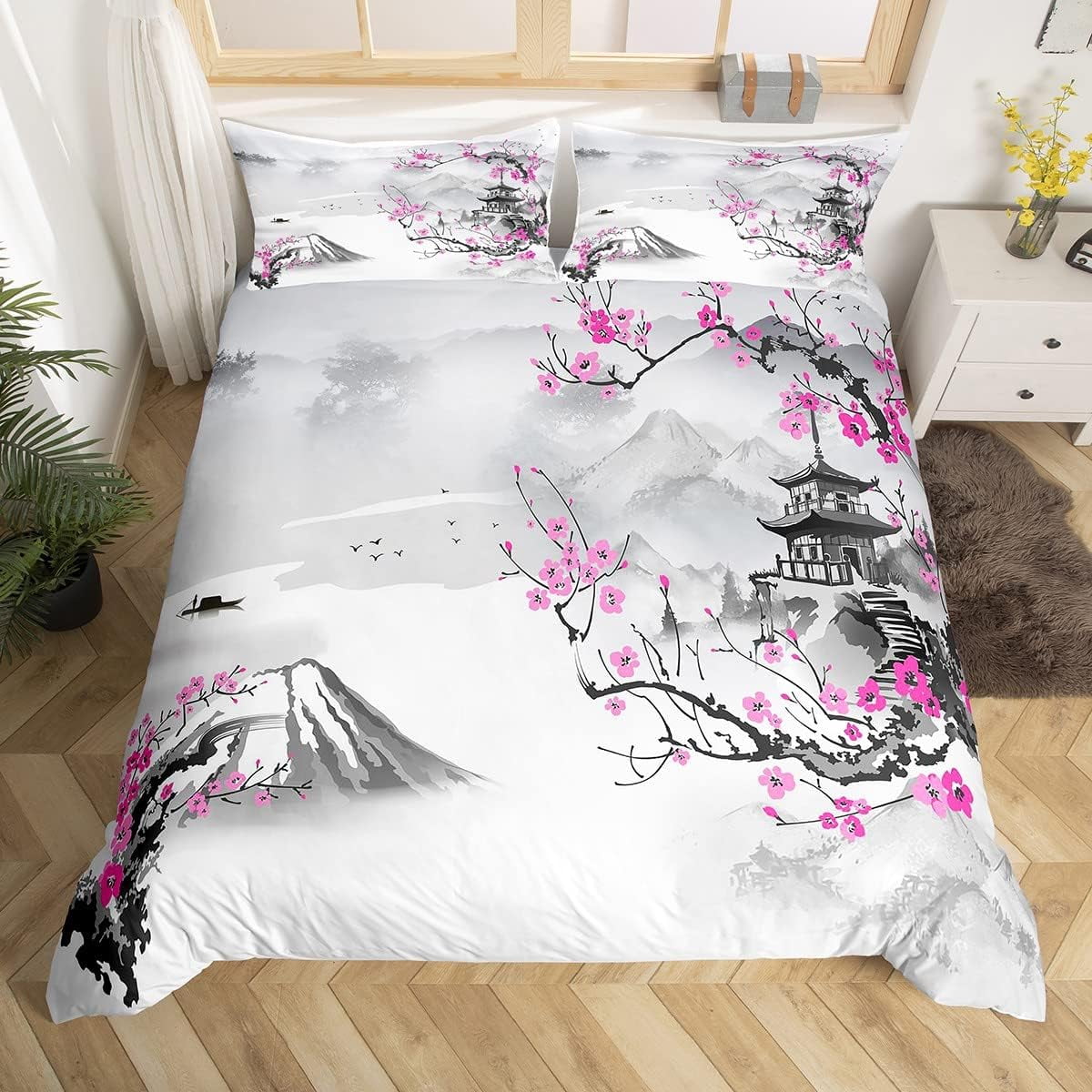 YST Pink Cherry Blossom Bedding Set Full for Girls Women Mount Fuji