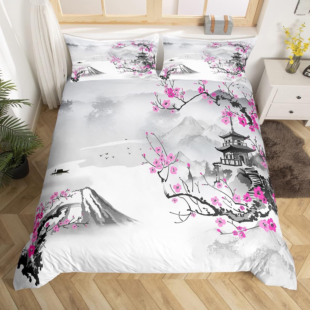 YST Pink Cherry Blossom Bedding Set Twin for Girls Women Mount Fuji Comforter Cover Japanese