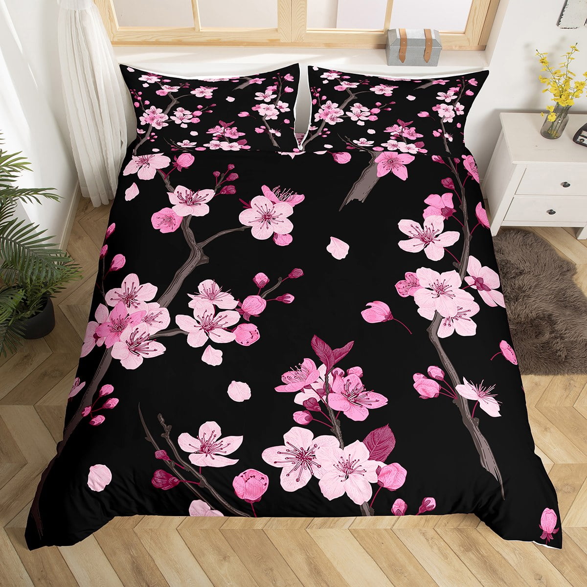 YST Pink Cherry Blossoms Bed Set Sakura Flower Duvet Cover Queen Size, Black and Pink Bedding