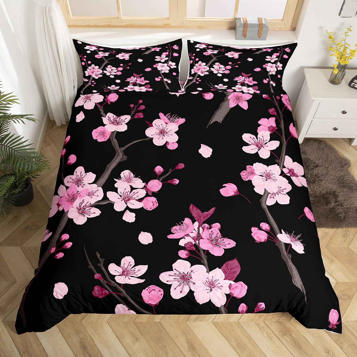 YST Pink Cherry Blossoms Bedding Sets King Sakura Flower Comforter Cover, Black and Pink Bed Set ...