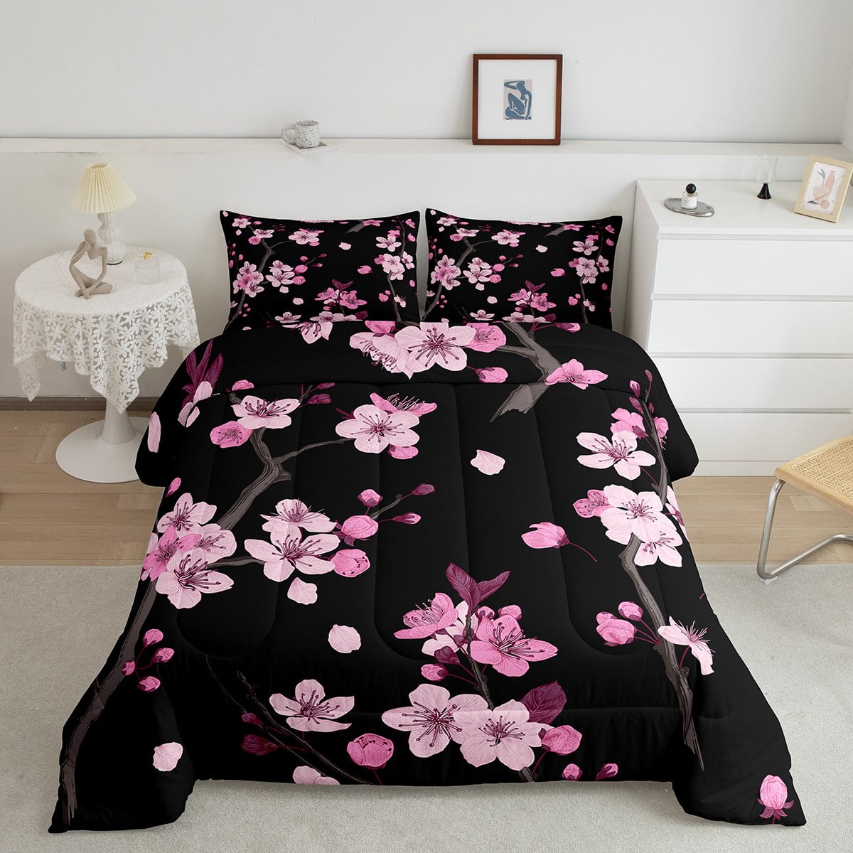 YST Pink Cherry Blossoms Comforter Set Twin Sakura Flower Bedding Set