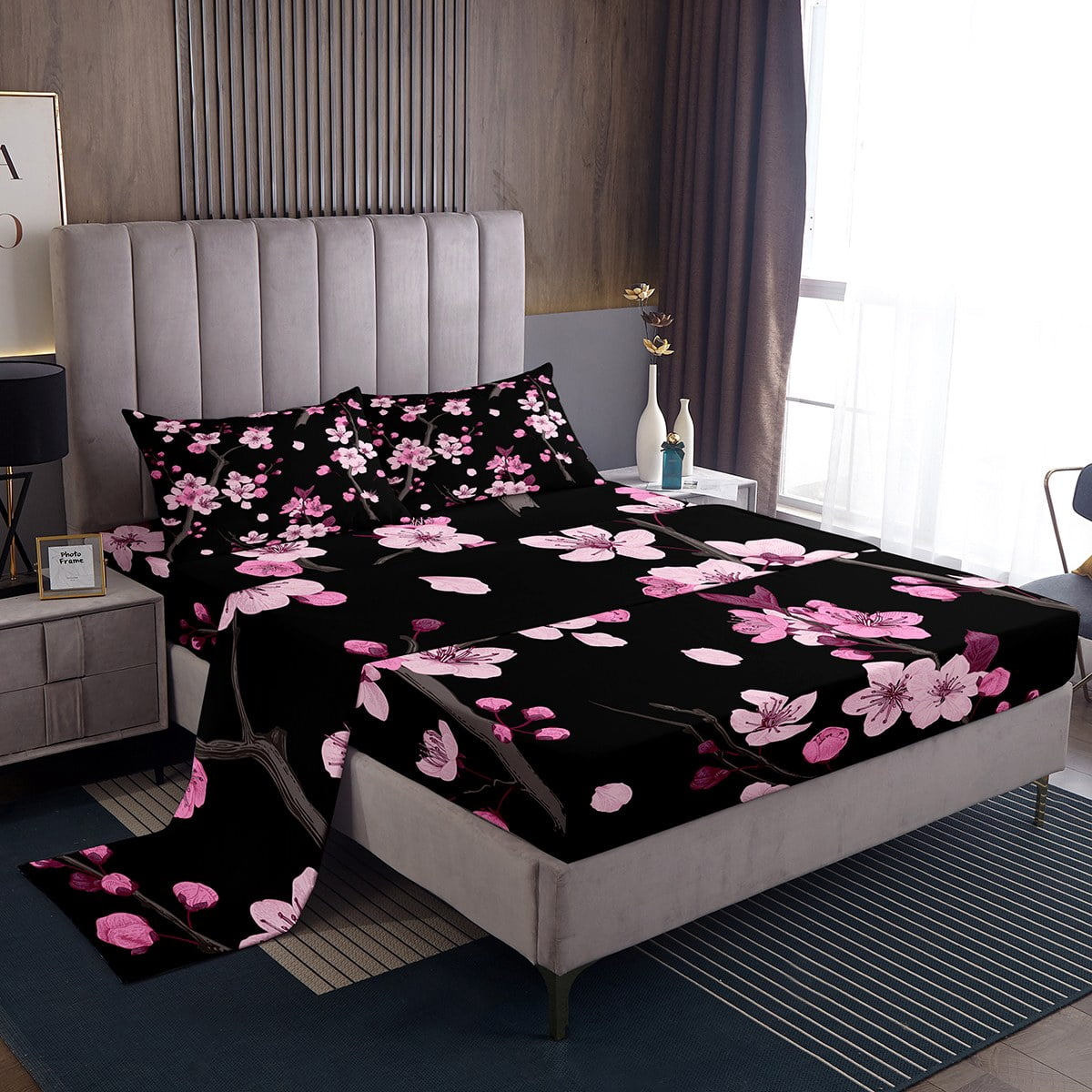 YST Pink Cherry Blossoms King Sheet Set Sakura Flower Sheets, Black and Pink Bed Set Japanese ...