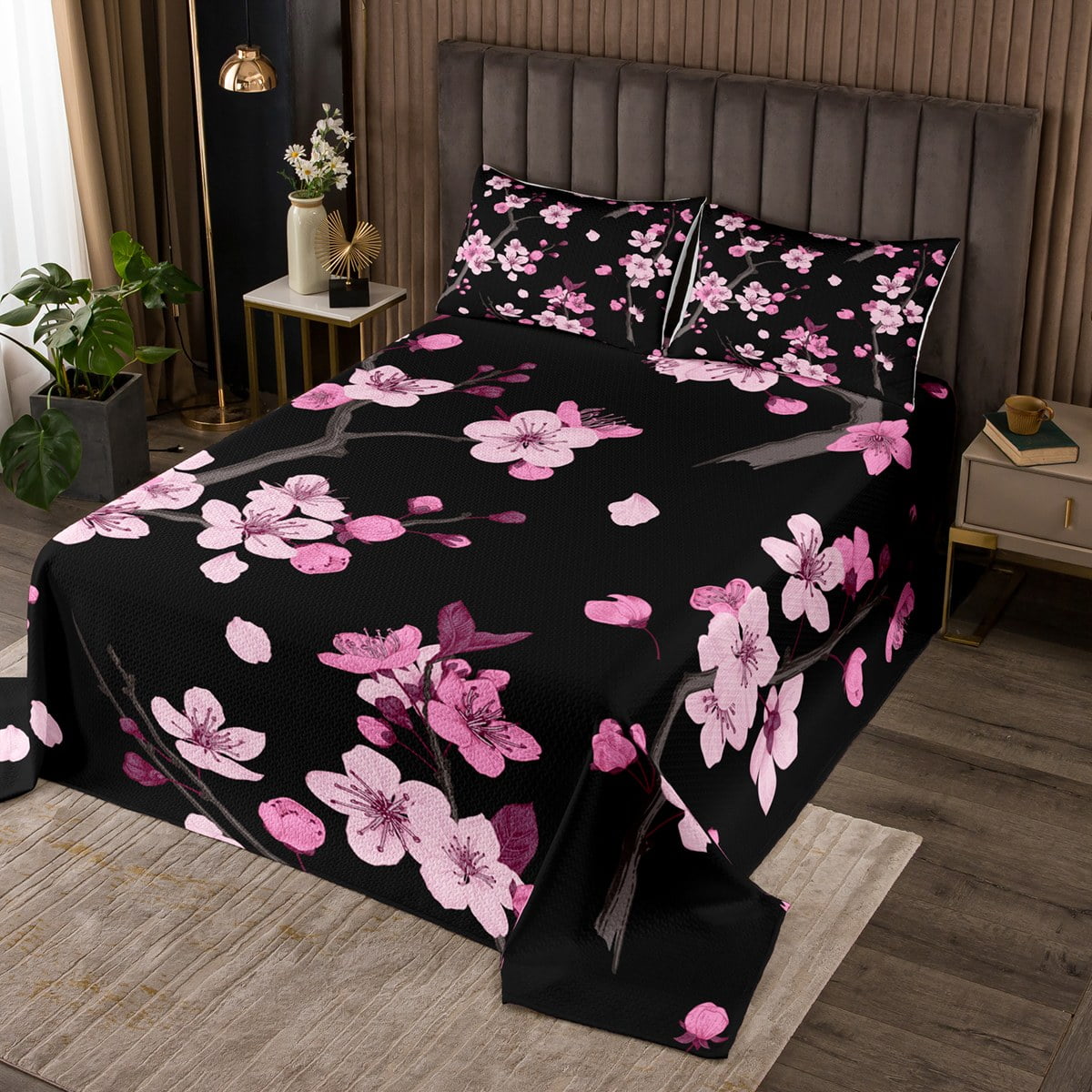 YST Pink Cherry Blossoms Twin Quilt Set Sakura Flower Coverlet Set