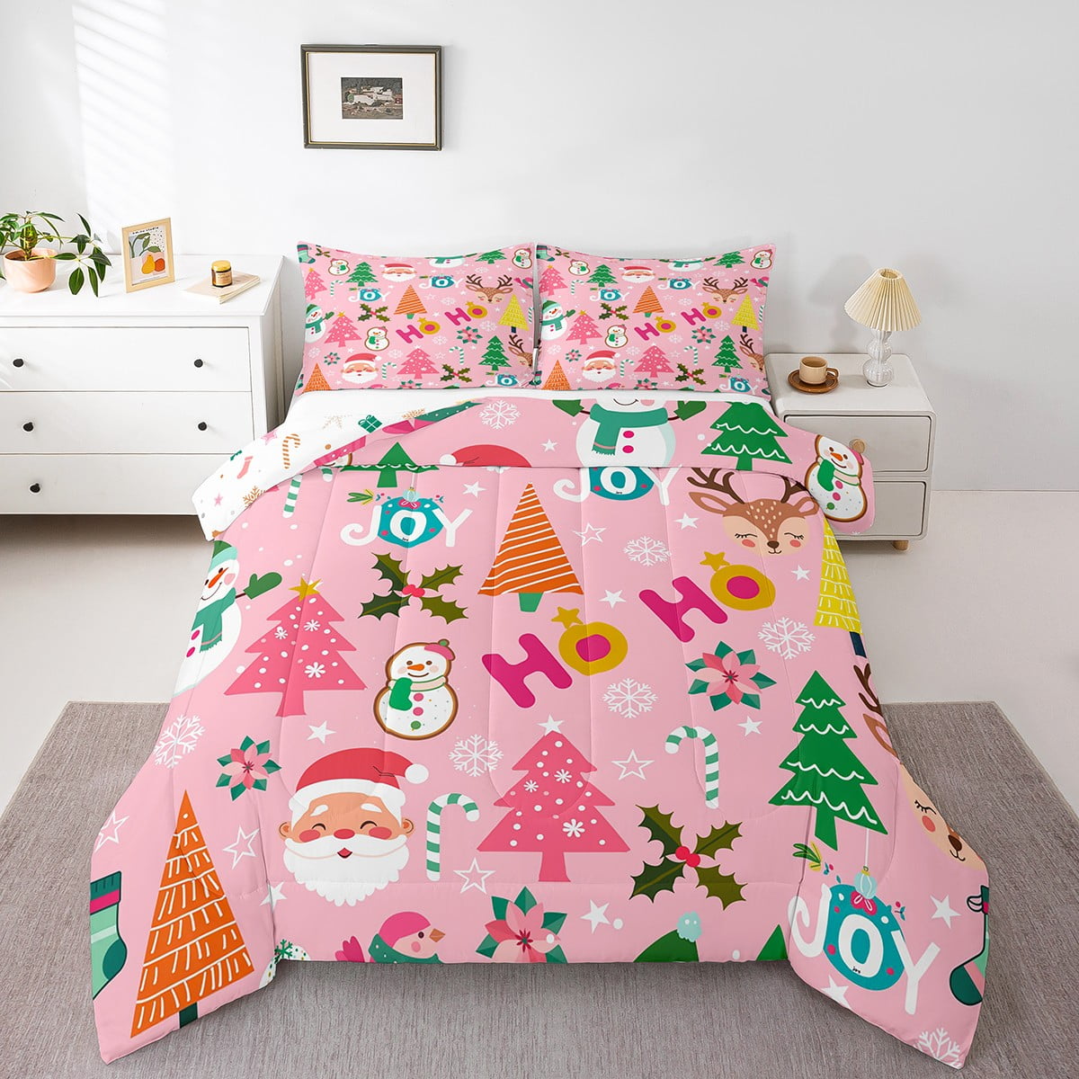 YST Pink Christmas Comforter Set For Girls, Cartoon Santa Claus Bedding