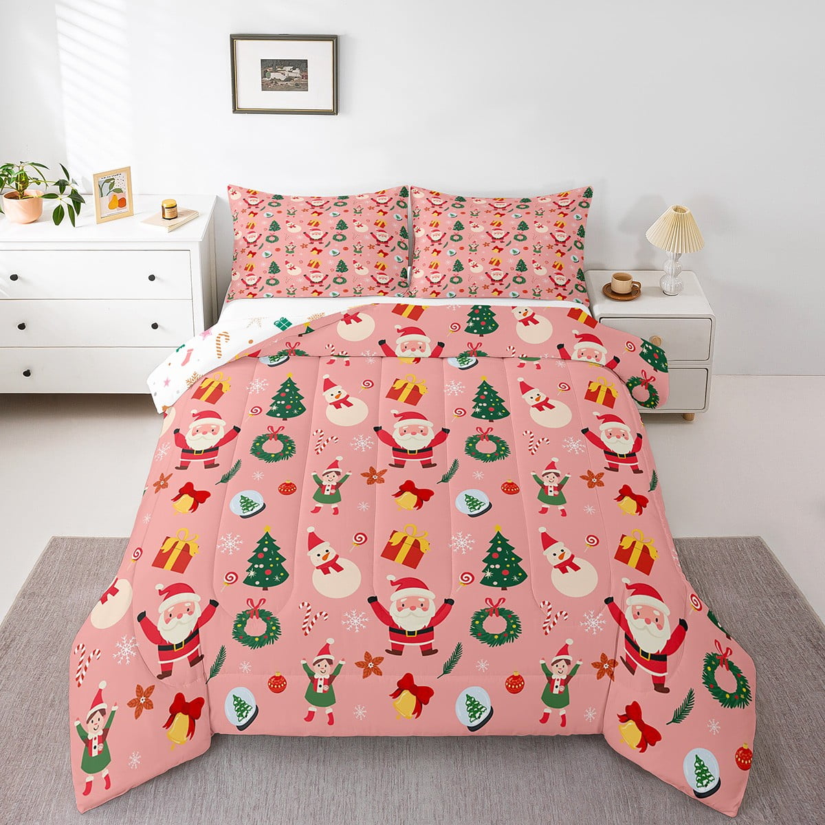 YST Pink Christmas Comforter Set Twin for Kids,Cartoon Snowman Santa