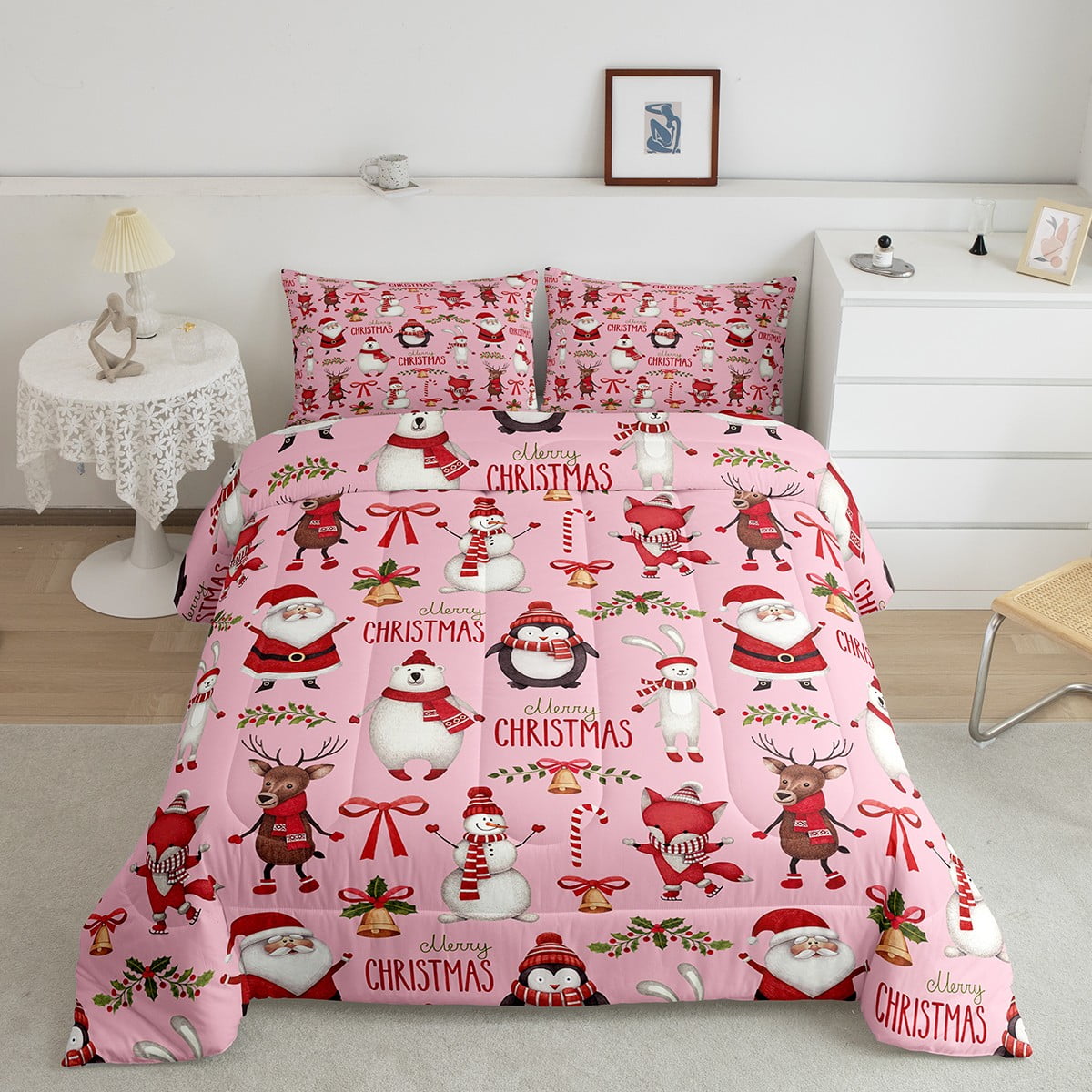 YST Pink Christmas King Comforter Set, Cartoon Santa Claus Bedding Set