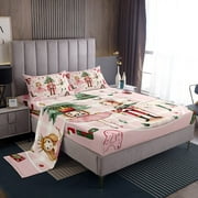 Erosebridal Pink Christmas Sheet Set Twin Plaid Nutcracker Bed Sheets Christmas Nutcracker Sheets Adults Winter Xmas Holiday Fitted Sheet + Flat Sheet + 1 Pillow Case
