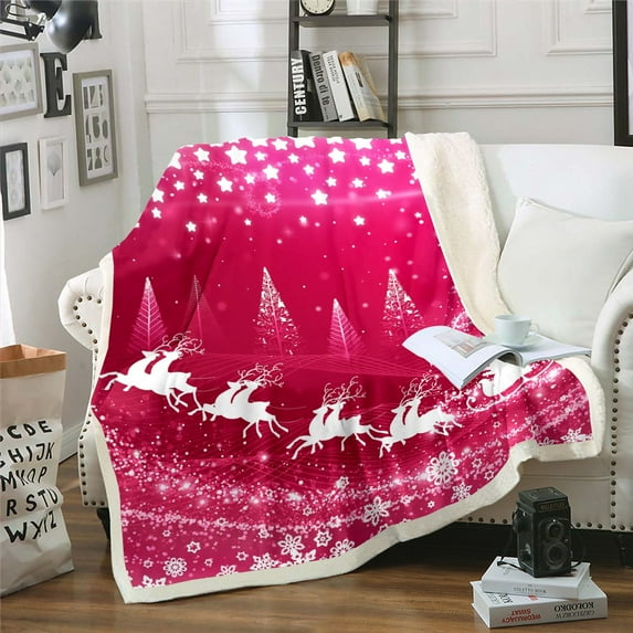 Pink Christmas Sherpa Blanket 40"X50" Xmas Reindeer Santa Claus Snowflake Throw Blanket For Bed,Merry Christmas Fleece Blanket,Glitter Stars Holiday Flannel Blanket