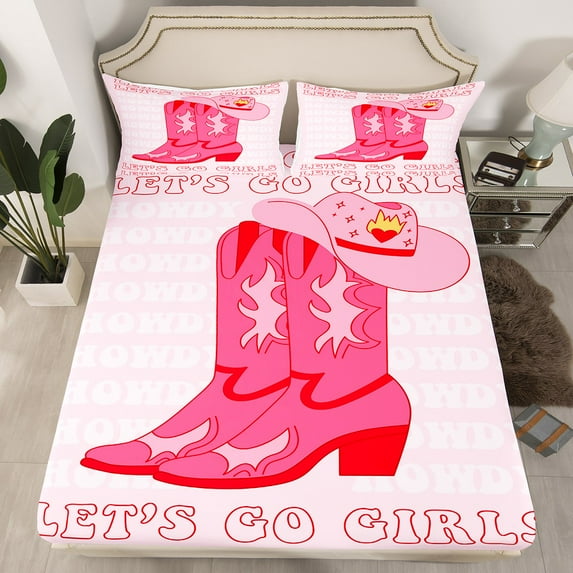 Pink Cowgirl Bedding Set,Cowgirl Gifts Western Bed Sheets Twin,Cowboy Boots Hat Fitted Sheet Teen Women Wild West Theme Sheets Cowgirl Room Decor 2 Pcs