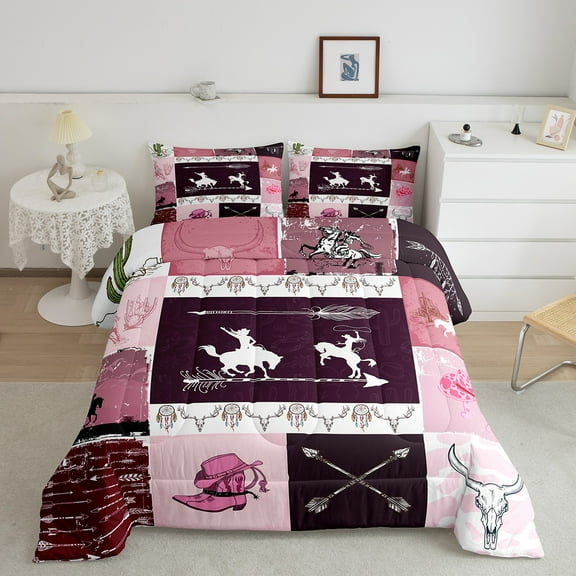 Pink Cowgirl Comforter Set Western Hat Shoes Full Size Bedding, Wild West Style Bed Comforter Set Boho Aztec Arrow Stripes Duvet Insert 3Pcs, 1 Comforter 2 Pillowcases