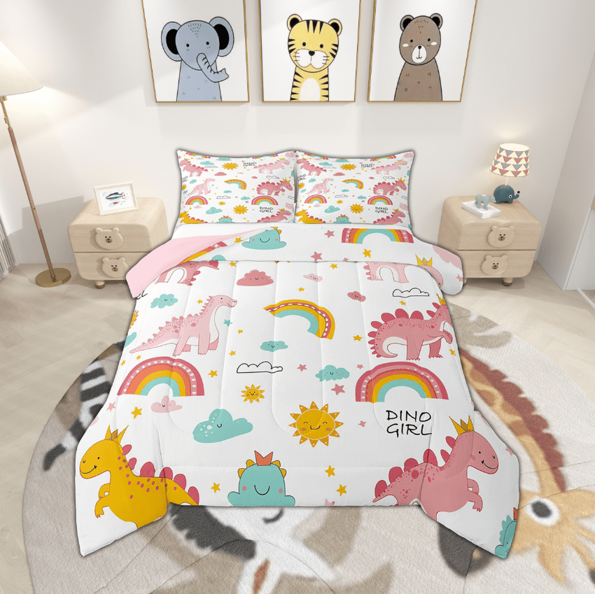 Erosebridal Dinosaur Comforter Set Twin Size - Cute Cartoon Dino Bedding For Kids, Green Purple Pink