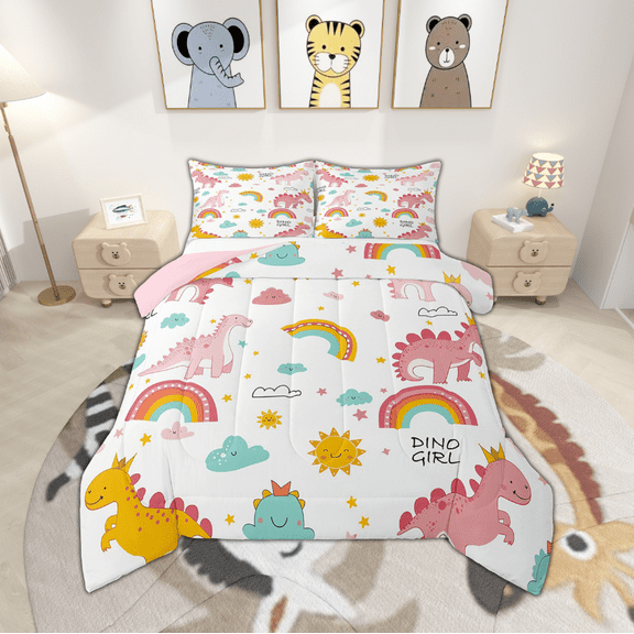 Erosebridal Pink Dinosaur Twin Bedding Sets Boho Rainbow Sun Comforter Set Cute Stars Cloud Dion Bedding Comforter Sets Cartoon Animal Quilt Duvet Princess Room Decor