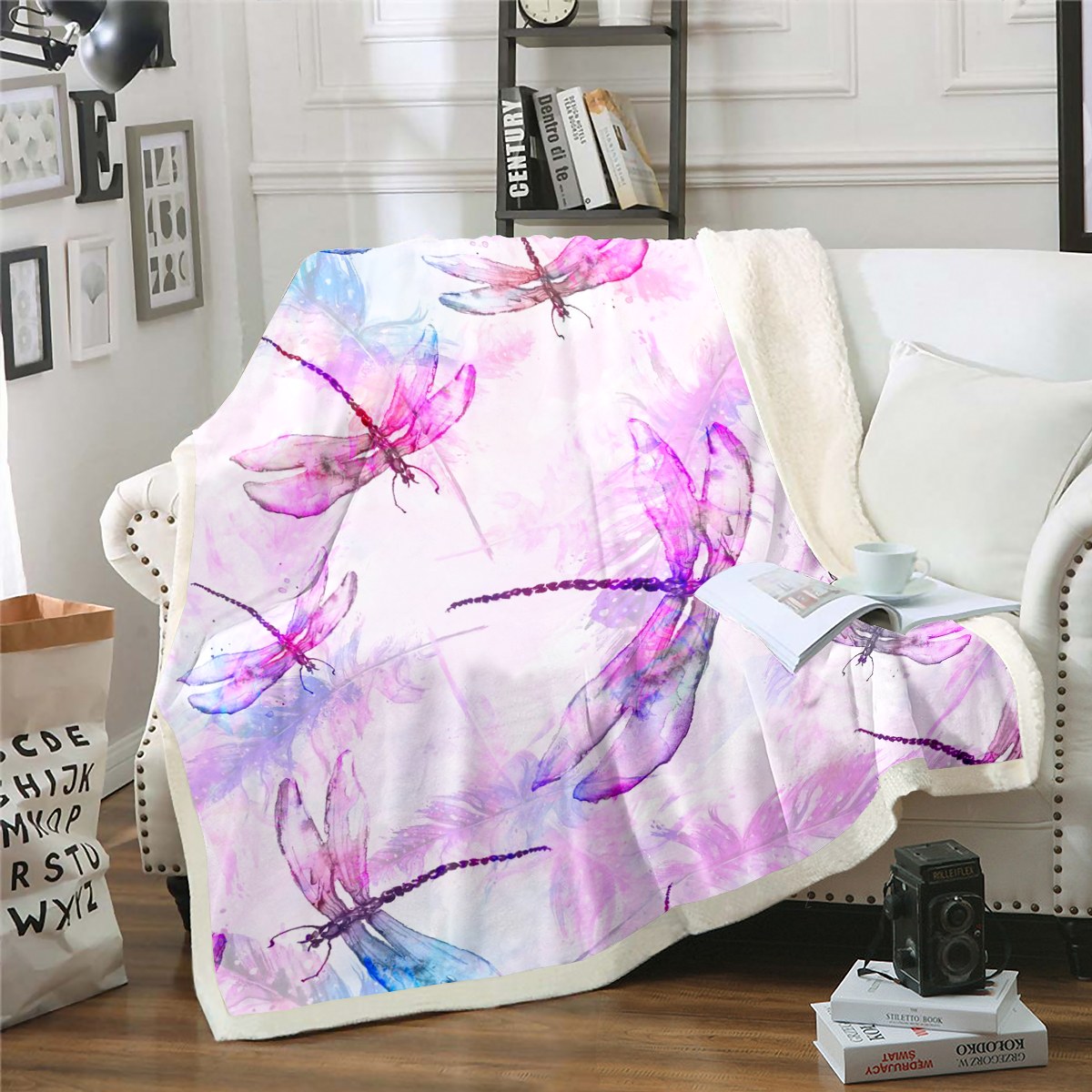 YST Pink Dragonfly Fleece Blanket Girly Pastel Watercolor Sherpa Blanket, Watercolor Birds