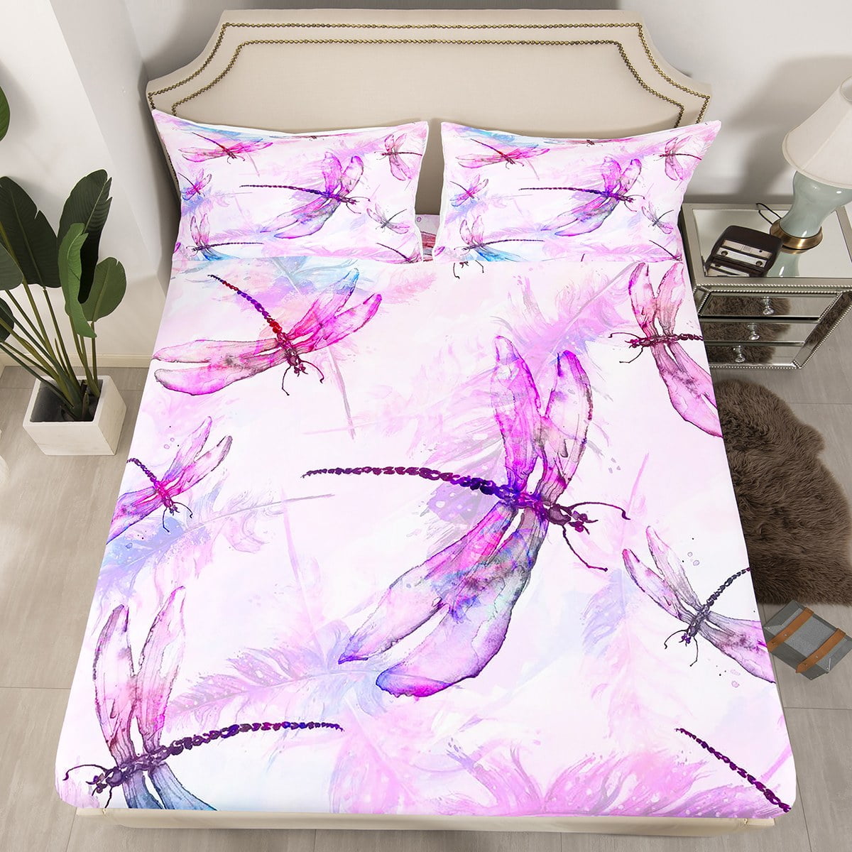 YST Pink Dragonfly Queen Fitted Sheet Girly Pastel Watercolor Sheets