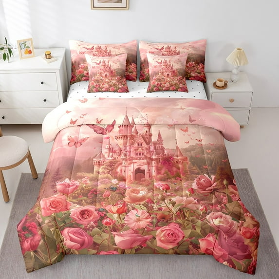 Pink Dreamy Castle Twin Comforter Set 7 Pieces Princess Bedding Comforter Sets, Chic Butterfly Rose Flower Bed in a Bag Magic Jungle Bedding Set, Botanical Floral Bed Sheets Set