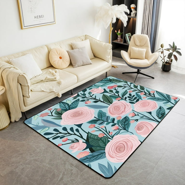 Area Rug, Boho Chic Style, Floor Mat, Colorful Watercolor Botanical Floral Spring Garden, Home Office outlets Decor, Living Room Rug