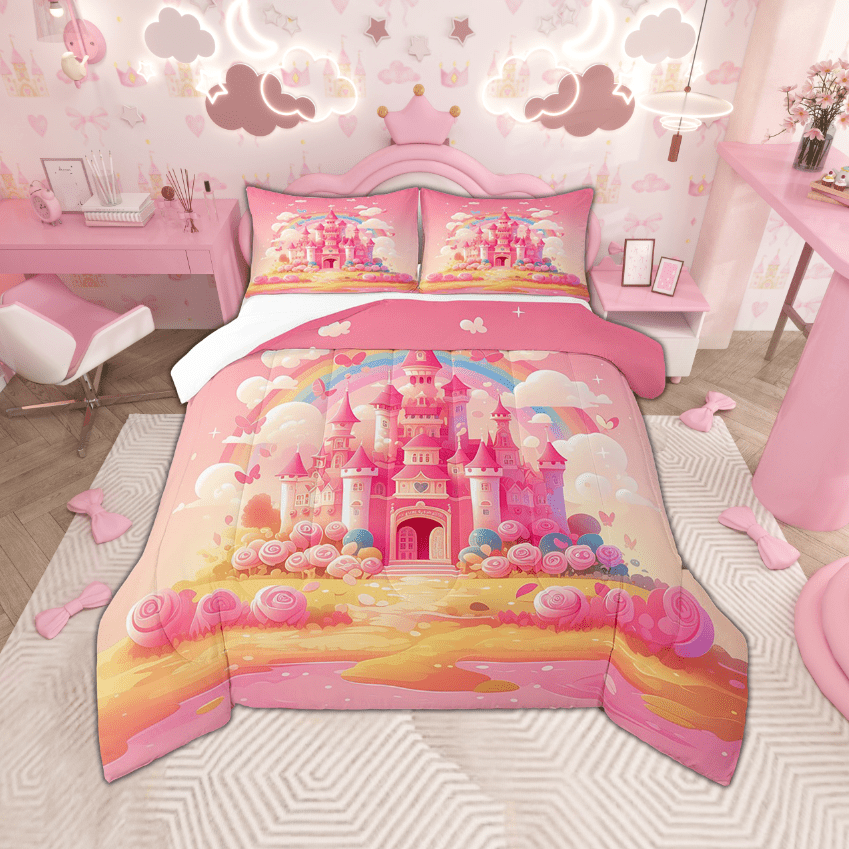 Erosebridal Pink Castle Bedding Full Size Cartoon Castle Comforter Set ...