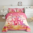 thumbnail image 1 of Pink Castle Bedding Twin Size Cartoon Castle Comforter Set Cute Princess Bedroom Decor Bedding Comforter Sets Rustic Rose Floral Rainbow Duvet Insert Dreamy Themed Quilt 2 Piece, 1 of 5