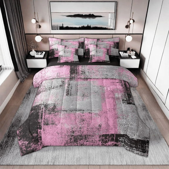 YST Pink And Grey Comforter Set Queen 7 Piece Bed In A Bag Pink Gray Black Watercolor Ombre Bedding Set With Sheets Grunge Abstract Bedding Comforter Sets Hippie Oil Painting Bed Set