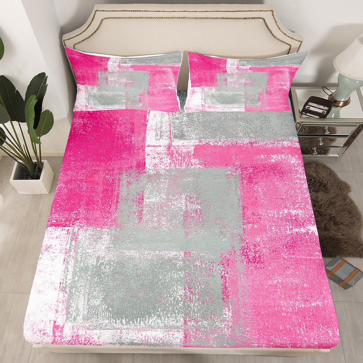 YST Pink Grey Fitted Sheet Queen,Contemporary Ombre Bed Sheets for Boys