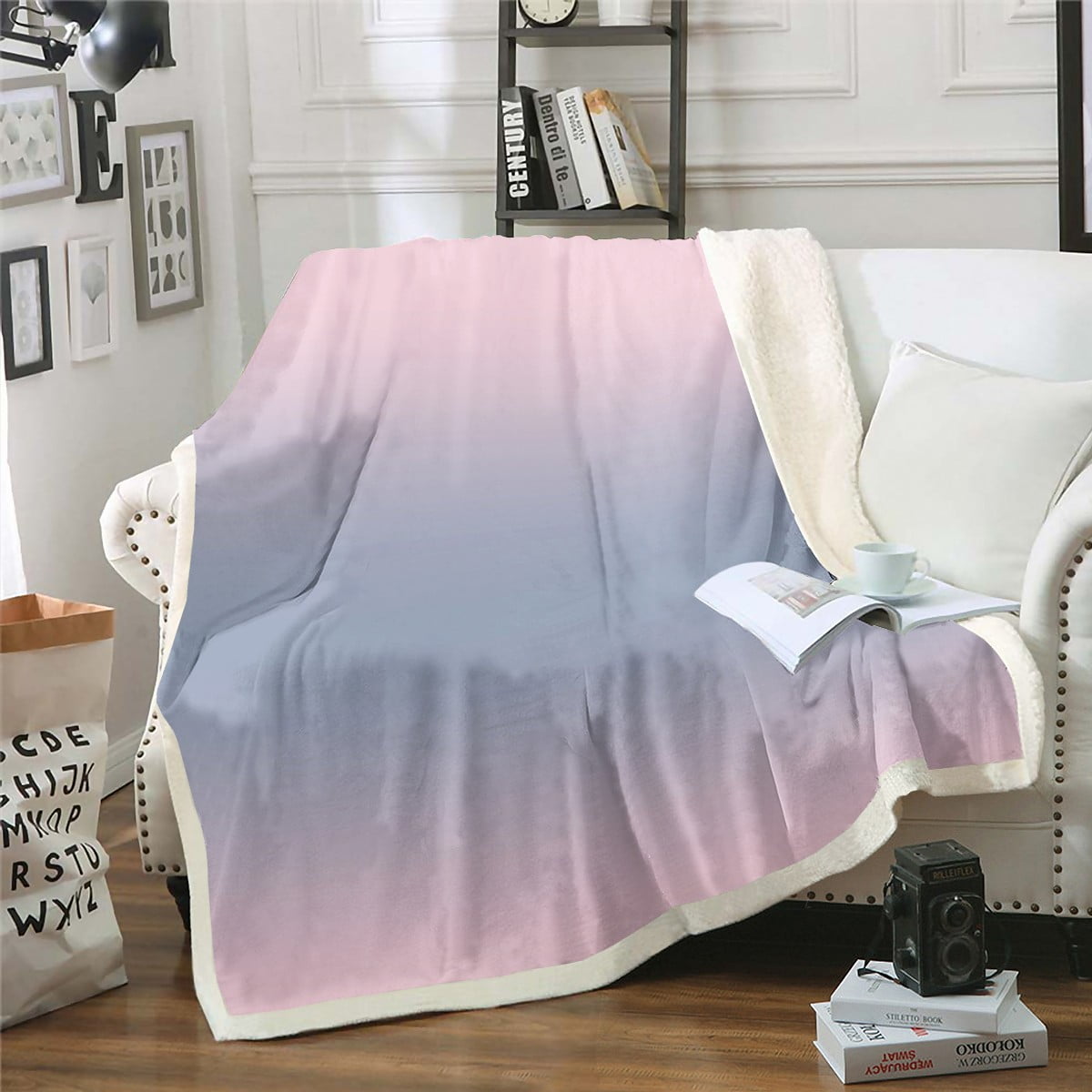 YST Pink and Grey Fuzzy Blanket Pink Ombre Gradient Fleece Blanket