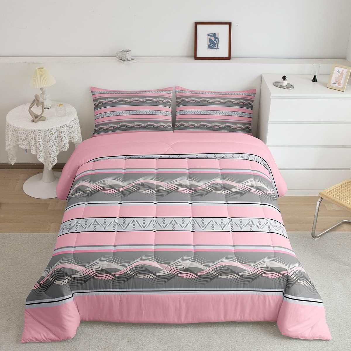 YST Pink Grey Geometric Comforter Set for Women Girls Simple Patchwork Bedding Set King Swirls Art Quilt Set All Season Farmhouse Geometry Duvet Insert with 2 Pillowcases Ultra Soft Walmart