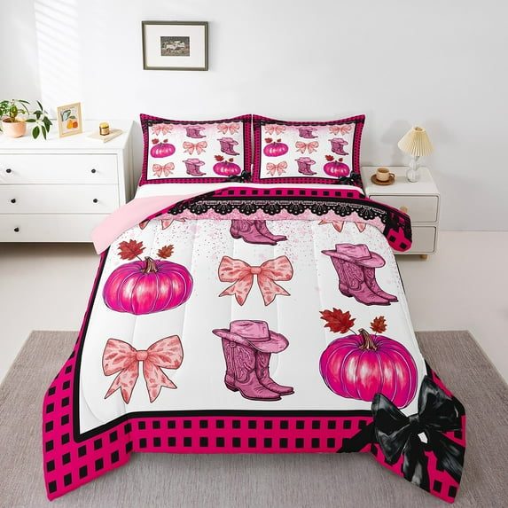 Pink Kawaii Cowgirl Bedding Comforter Sets King Teen Women,Western Cowboy Boots Hat Bedding Set Cute Bowknot Pumpkin Comforter Set,Plaid Decor Quilt Duvet 2 Pillow Cases