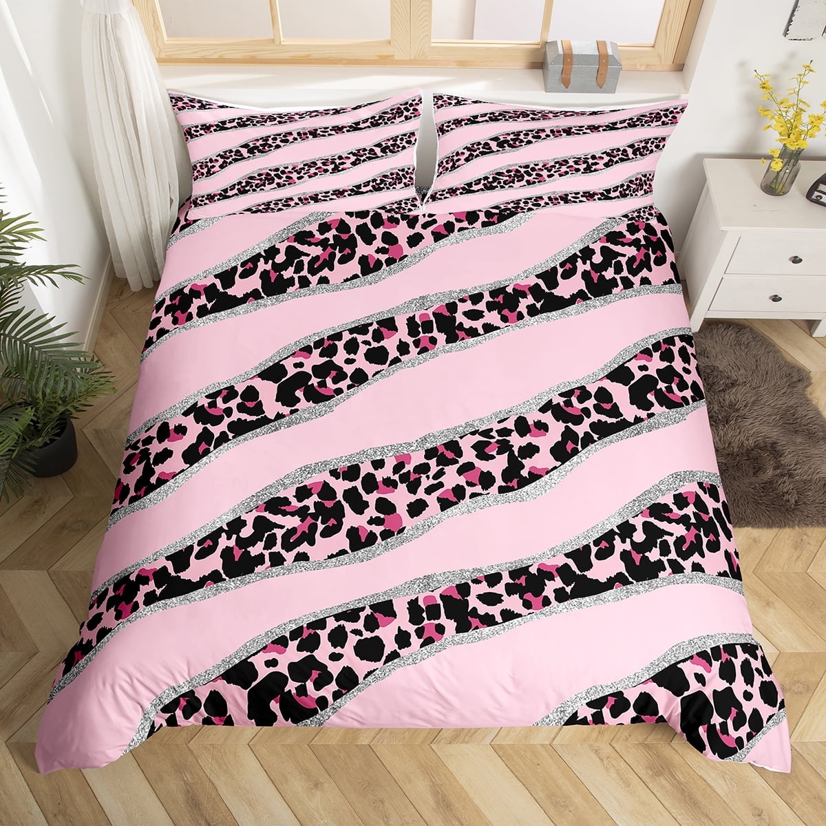 『 Pink Leopard family 』by Zuberi 60*60cm Erosebridal Pink Leopard Bed Sets Pastel Cheetah Print Duvet