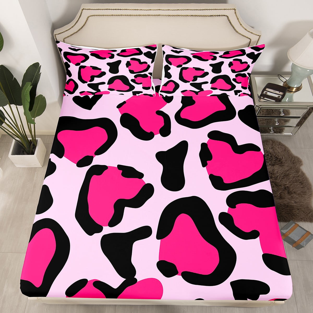 YST Pink Leopard Print Bed Sheets Full, Wild Animal Skin Texure Fitted