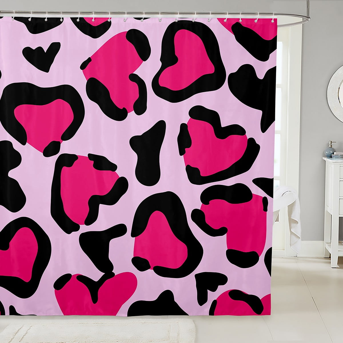 YST Pink Leopard Print Fabric Shower Curtain, Wild Animal Skin Texure
