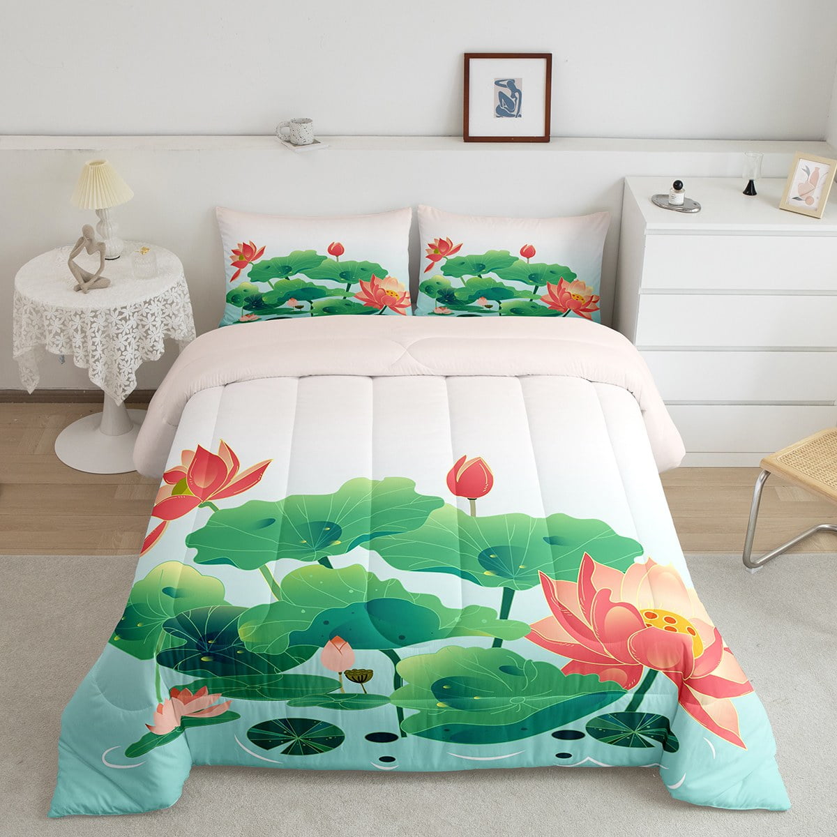 YST Pink Lotus Flower Comforter Set Queen Green Lotus Leaves Bedding Set, Beige White Teal Ombre