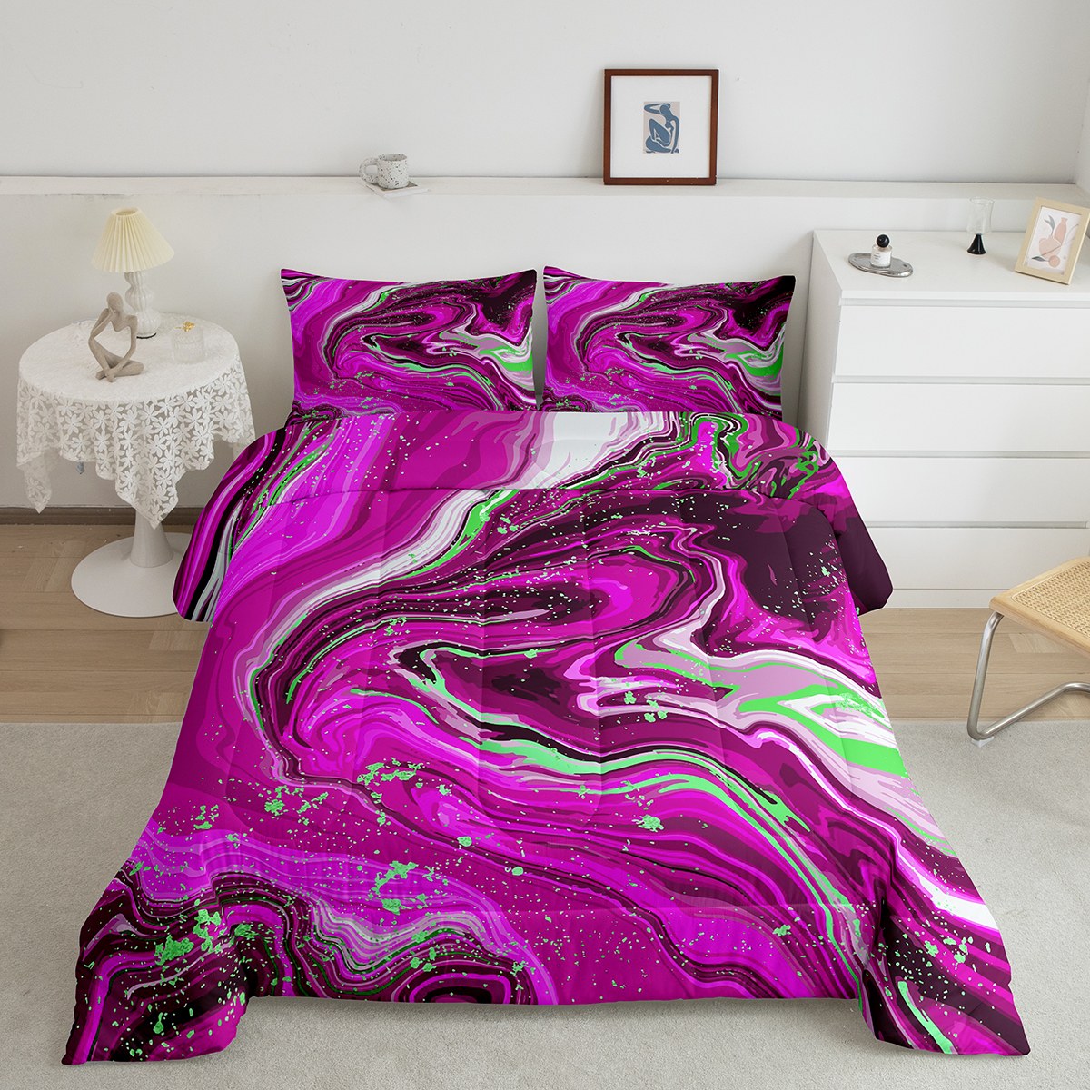 YST Pink Marble Comforter Set Full Purple Watercolor Bedding Set