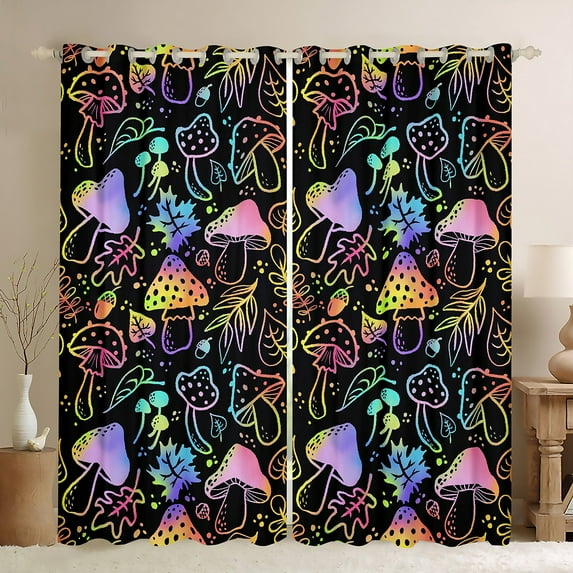 Erosebridal Pink Mushroom Curtains Cute Mushrooms Curtains & Drapes, Purple Ombre Fungus Blackout Curtains Glowing Teal Bedroom Curtains, Black Cartoon Kawaii Window Treatments
