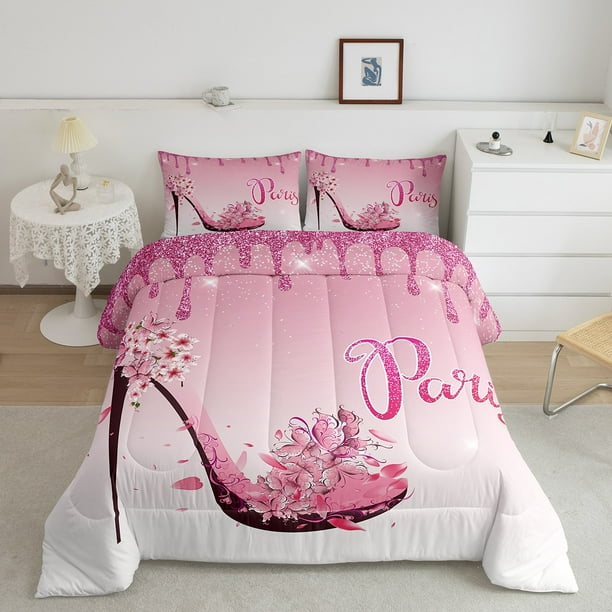 YST Pink Paris Bedding Set Paris Bedroom Comforter Set King Size Cherry Blossom High Heels Decor Quilt Set For Kids Girls Women Romantic Aesthetics 1