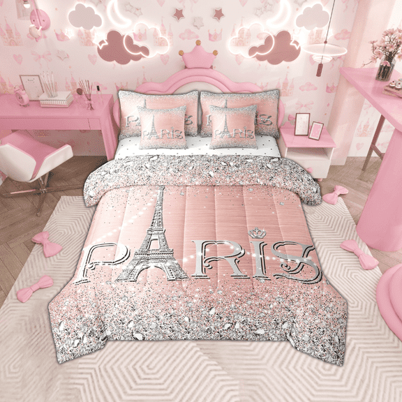 Pink Paris Comforter Set 7 Piece,Eiffel Tower Bed in A Bag Twin,Watercolor Silver (Not Real)Sparkles Sequins Bedding Sets,Gradient Diamond Reversible Bed Sets with Sheet Set