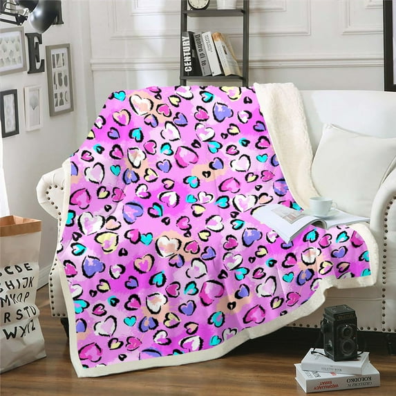 Pink Pastel Leopard Print Sherpa Blanket Purple Animal Printed Blanket, Cute Love Hearts Throw Blanket for Chair Watercolor Fleece Blanket, Safari Leopard Plush Blanket Girly Decor