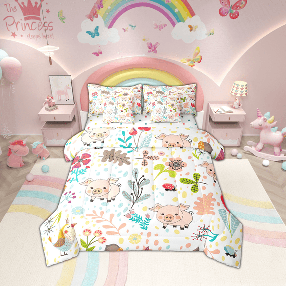 Erosebridal Pink Pig Comforter Set 7 Piece Full Kawaii Pigs Bed In A Bag With Sheets,Cute Cartoon Farm Animal Bedding Set Woodland Leaves Flower Sheet Set With Comforter