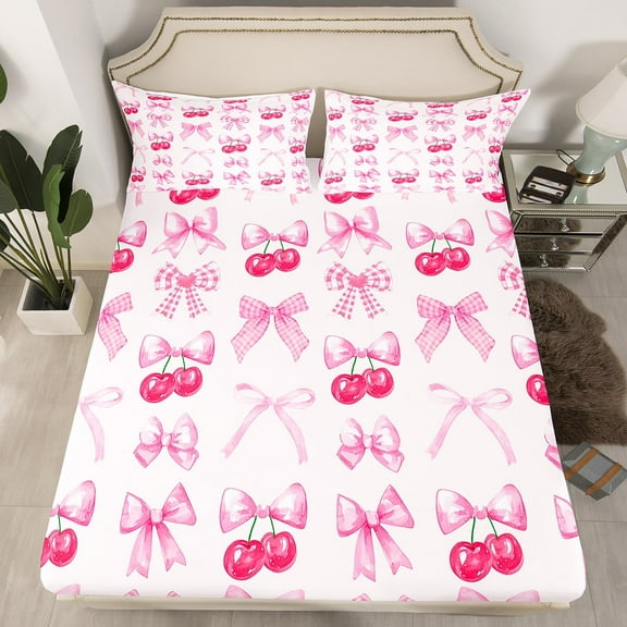 YST Pink Plaid Bow Bed Sheets Twin Cute Bowknot Fitted Sheet Girls Grids Ribbon Bow Cherry Bedding Set Kawaii Watercolor Sheets For Kids Teen Women Room Decor 2 Pcs