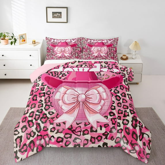 Erosebridal Pink Preppy Comforter Set Disco Cowgirl Room Decor, Pink Ribbon Aesthetic Bedding for Teen Bedroom College Dorm Room, Howdy Disco Ball Funky Decor Bedding Comforter Sets Twin 2Pcs