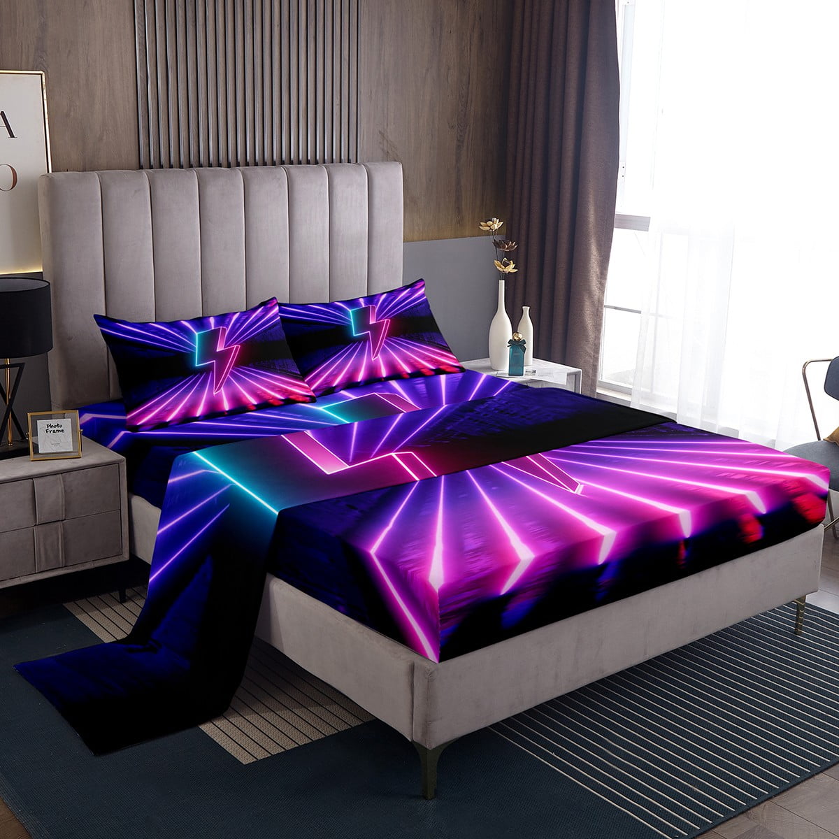 YST Pink Purple Black Bed Sheets Neon Lightning Striped Sheet Set Queen