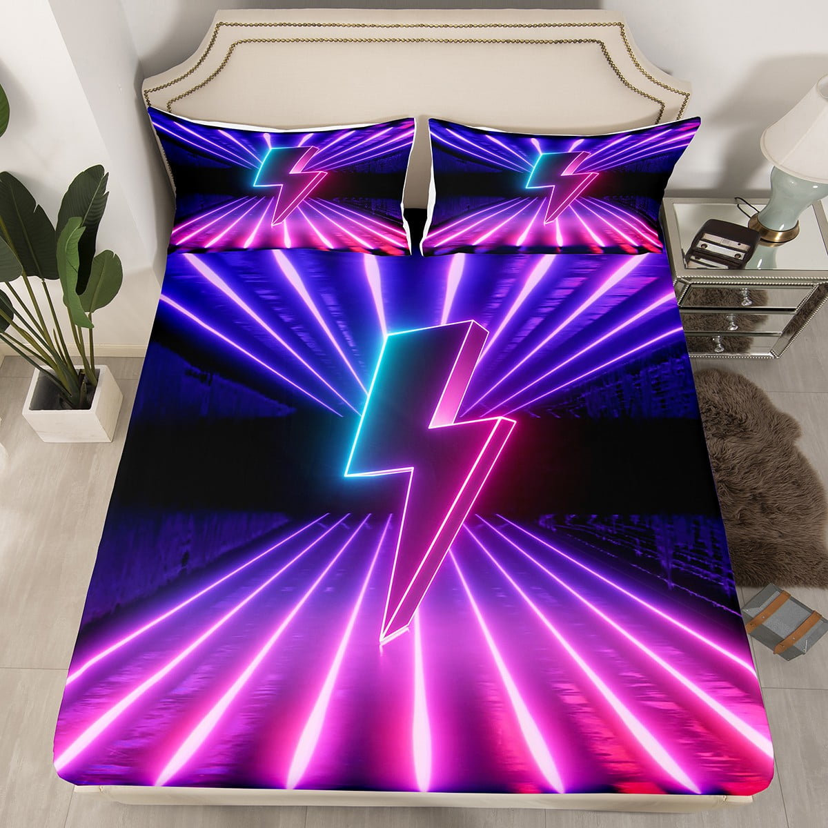 YST Pink Purple Black Fitted Sheet Neon Lightning Striped Bed Sheets