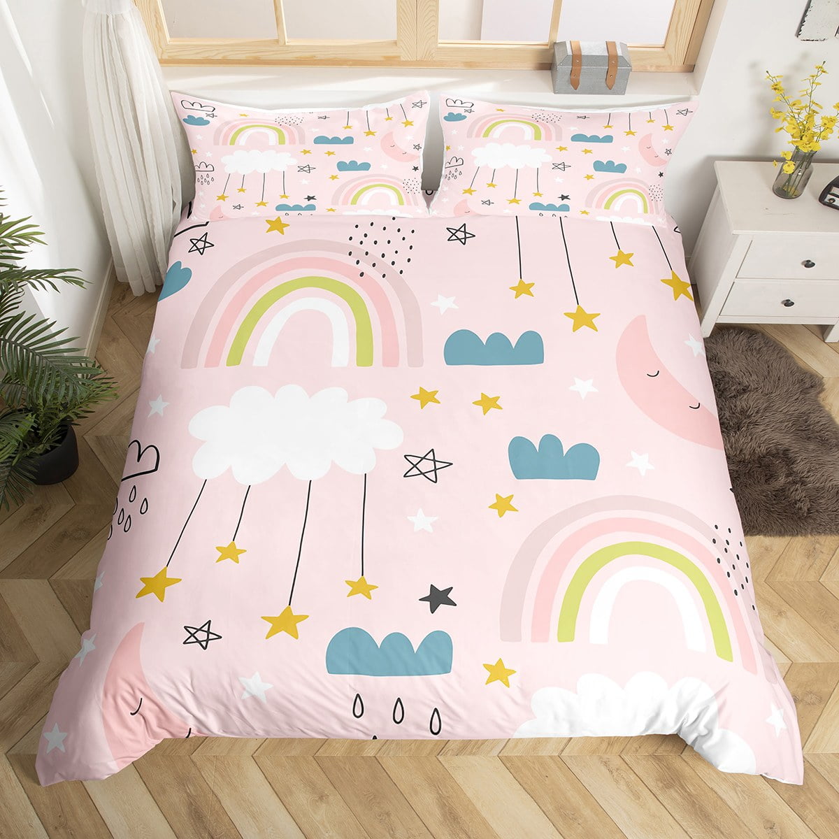 YST Pink Rainbow Full Bedding Set Star Moon Comforter Cover For Girls