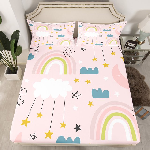 YST Pink Rainbow Twin Fitted Sheet Star Moon Bed Sheets For Girls Kids