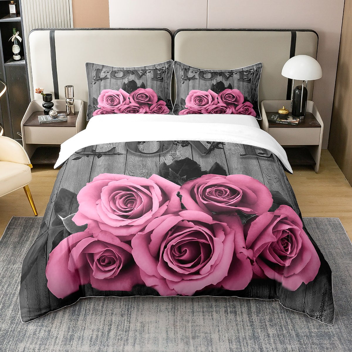 YST Pink Rose 100 Cotton Duvet Cover Pink Grey Floral Bedding Set King Valentine'S Day Wedding