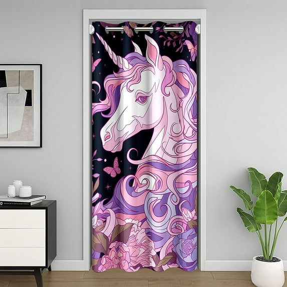 Pink Unicorn 59"W X 80"L Blackout Curtain ,Cartoon Unicorn Door Curtain For Doorway Privacy,Fantasy Magical Animal Door Drape,Purple Floral Horse Closet Curtain,Closet Door